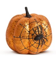Halloweenska tekvicová dekorácia - oranžové glitre - s pavučinou - 15 cm