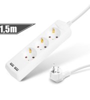 Predlžovačka s 3 zásuvkami, 3 x 1,5 mm² - 1,5 m - 2 x USB