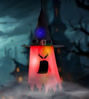 Halloweenska LED dekorácia - duch - červený - 10 farebných LED - zavesiteľné - 2 x 2032 - 75 x 35 cm