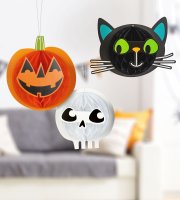 Halloween dekorácia - lampiónová súprava - tekvica, mačka, lebka - papier - 20 cm - 3 ks / balenie