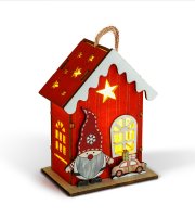 Vianočná LED dekorácia - domček so škriatkom - teplá biela LED, červená - 7,5 x 5 x 10 cm - 2 druhy