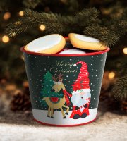 Vianočná dekorácia - kovový kvetináč, vedierko - škriatok - 13 x 11 cm